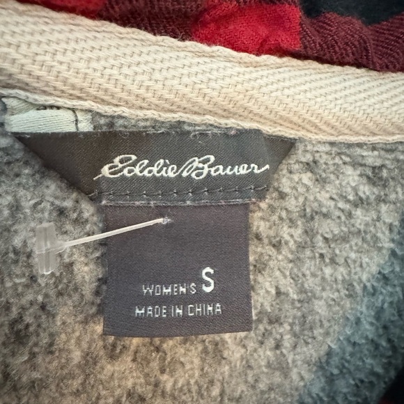 Eddie Bauer Heather Gray Hooded Sweatshirt with Buffalo Plaid detail - Picture 5 of 8